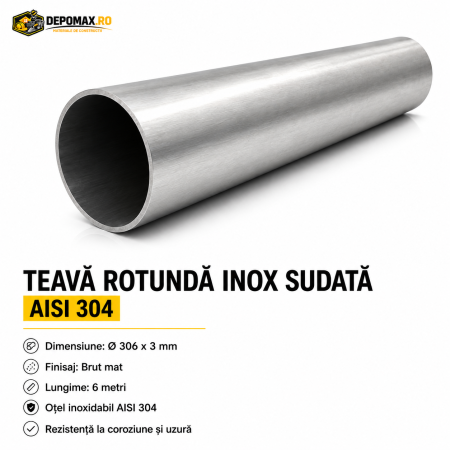 Teava rotunda inox sudata AISI 304, 306 x 3 mm, 6 metri
